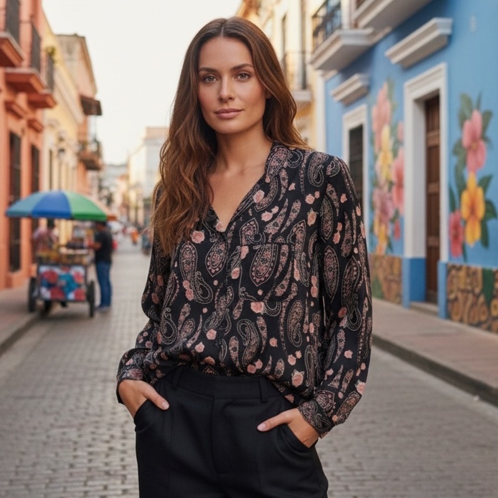 🌸The Kooples | Paisley Floral Button Down Blouse | Black Pink | Size 2 (M)
